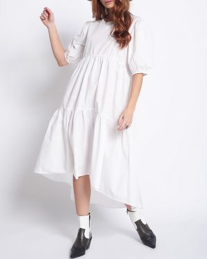 Women's Cotton Solid Ruffle Puff Short Sleeve Back Tie Long Maxi Midi Dress Spring Dress Summer Dress